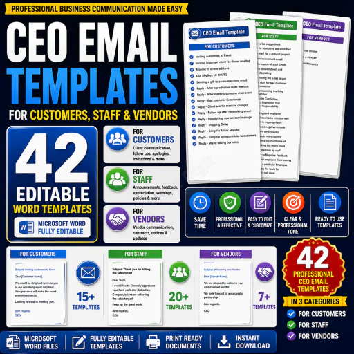 CEO Email Templates Bundle – Professional Customer, Staff & Vendor Business Emails- 42 Editable Word