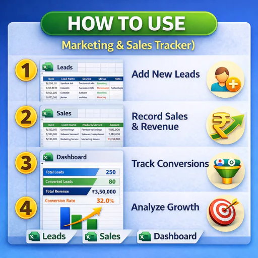 Marketing & Sales Tracker Excel Template | Lead Management, Conversion Tracking & Revenue Dashboard