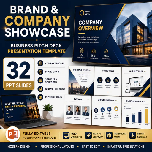 Brand & Company Showcase PowerPoint Template – 32 Business Pitch Deck Presentation Slides