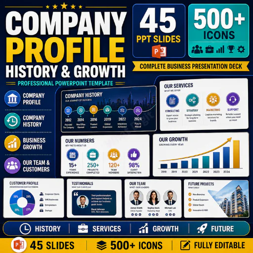 Company Profile, History & Growth PowerPoint Template – 45 Business Slides + 500+ Editable Icons