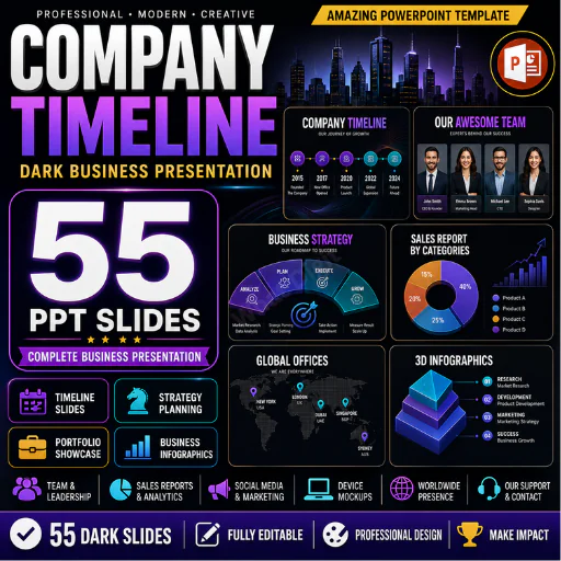 Company Timeline PowerPoint Template – 55 Dark Corporate Business Presentation Slides
