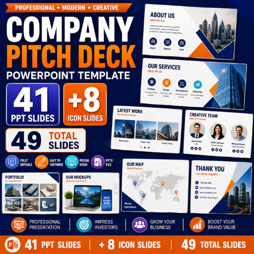 Company Pitch Deck PowerPoint Template – 41 Business Slides + 8 Icon Slides