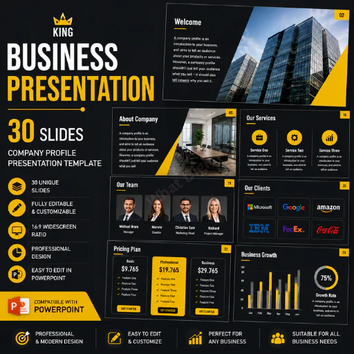 Business Presentation PowerPoint Template – 30 Editable Company Profile & Business Strategy Slides