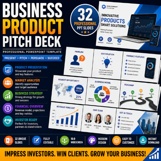 Business Product Pitch Deck PowerPoint Template –32 Professional Business Presentation Slides (PPTX)