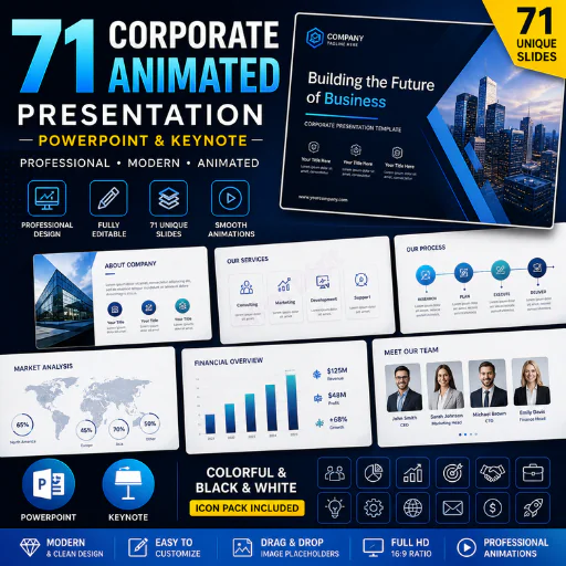 71 Corporate Animated PPTX & Keynote Presentation Templates – Professional Business Slides Deck