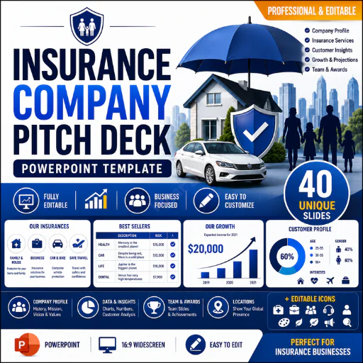 Insurance Company Pitch Deck – 40 Slide PowerPoint Presentation with Editable Icons