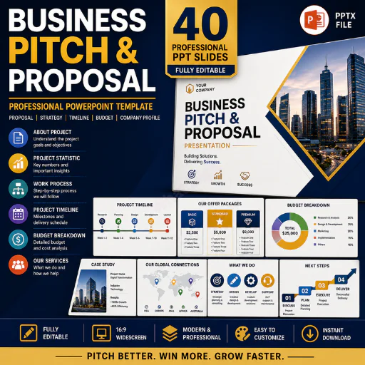Business Pitch & Proposal PowerPoint Template – 40 Professional Project Proposal Presentation Slides