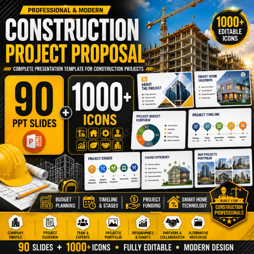 Construction Project Proposal PowerPoint Template – 90 Professional PPT Slides + 1000+ Editable Icon