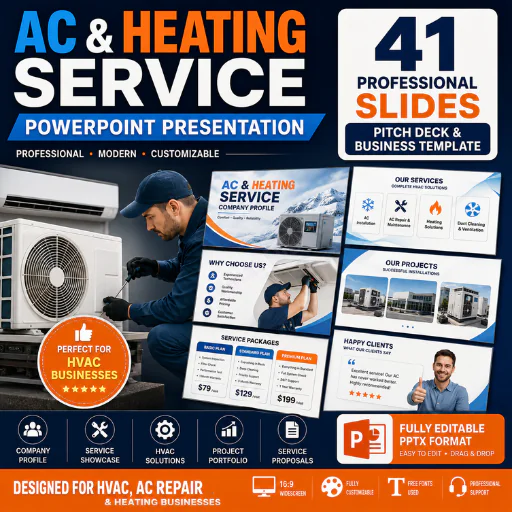AC & Heating Service PowerPoint Template – 41 HVAC Business Presentation & Pitch Deck Slides