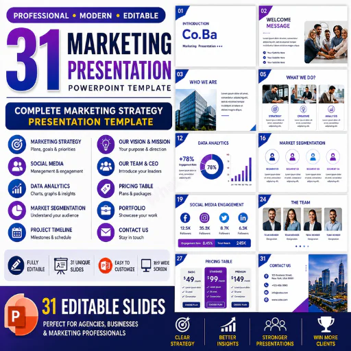 Marketing Presentation PowerPoint Template – 31 Professional Marketing Strategy & Business Slides