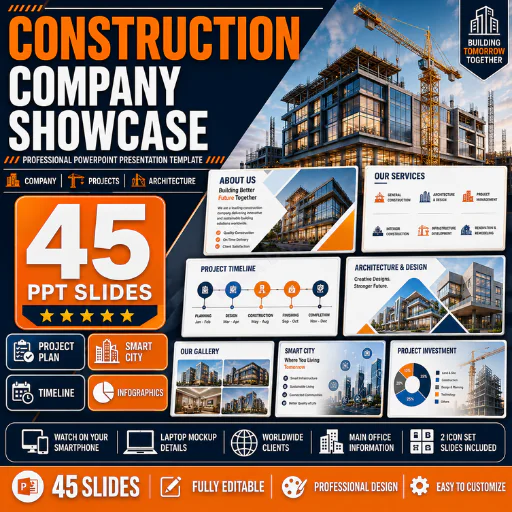 Construction Company Showcase PowerPoint Template – 45 Architecture, Project & Business Presentation