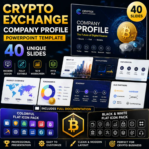 Crypto Exchange Company Profile PowerPoint Template – 40 Slides (PPTX + Icon Pack, Color and B&W