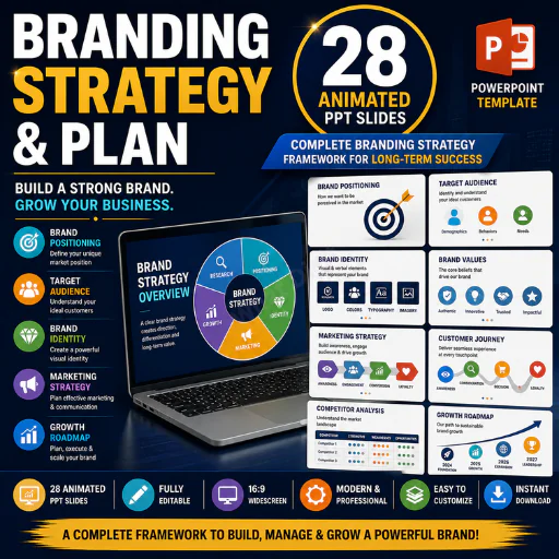 Branding Strategy & Business Plan PowerPoint Template – 28 Animated PPT Slides for Brand Identity, M