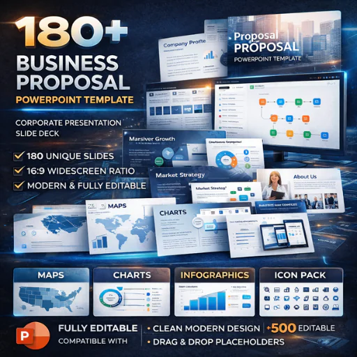 Business Proposal PowerPoint Template – 180 Slides Deck (16:9, Infographics, Charts, Maps & Icons)