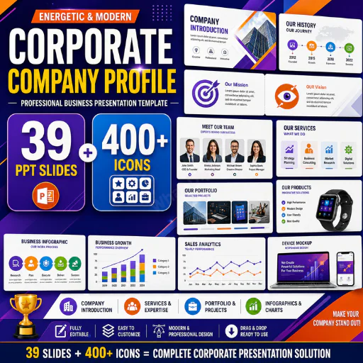 Corporate Company Profile PowerPoint Template – 39 Energetic Business Slides + 400+ Editable Icons